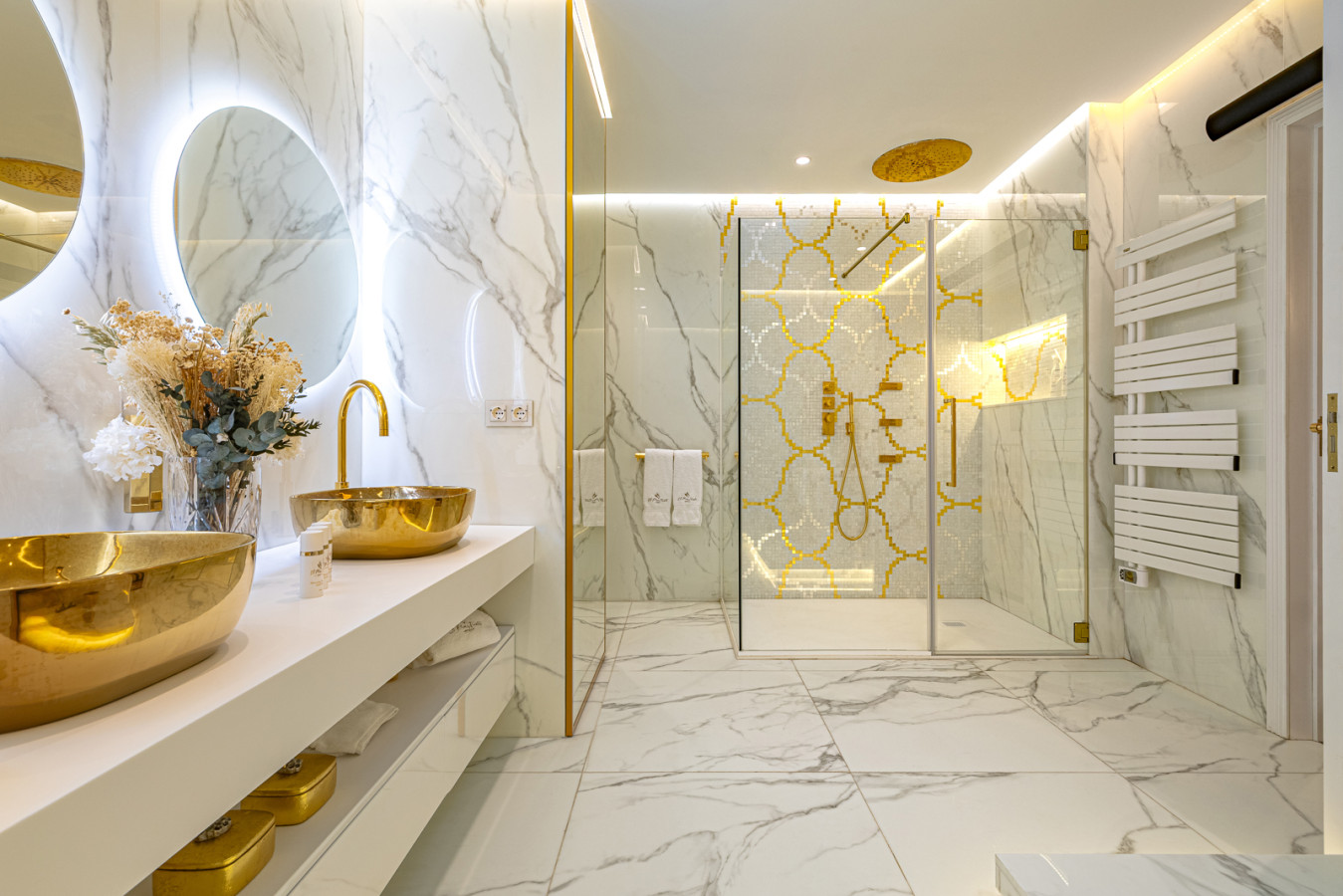 Master bedroom first en-suite bathroom with bath and shower