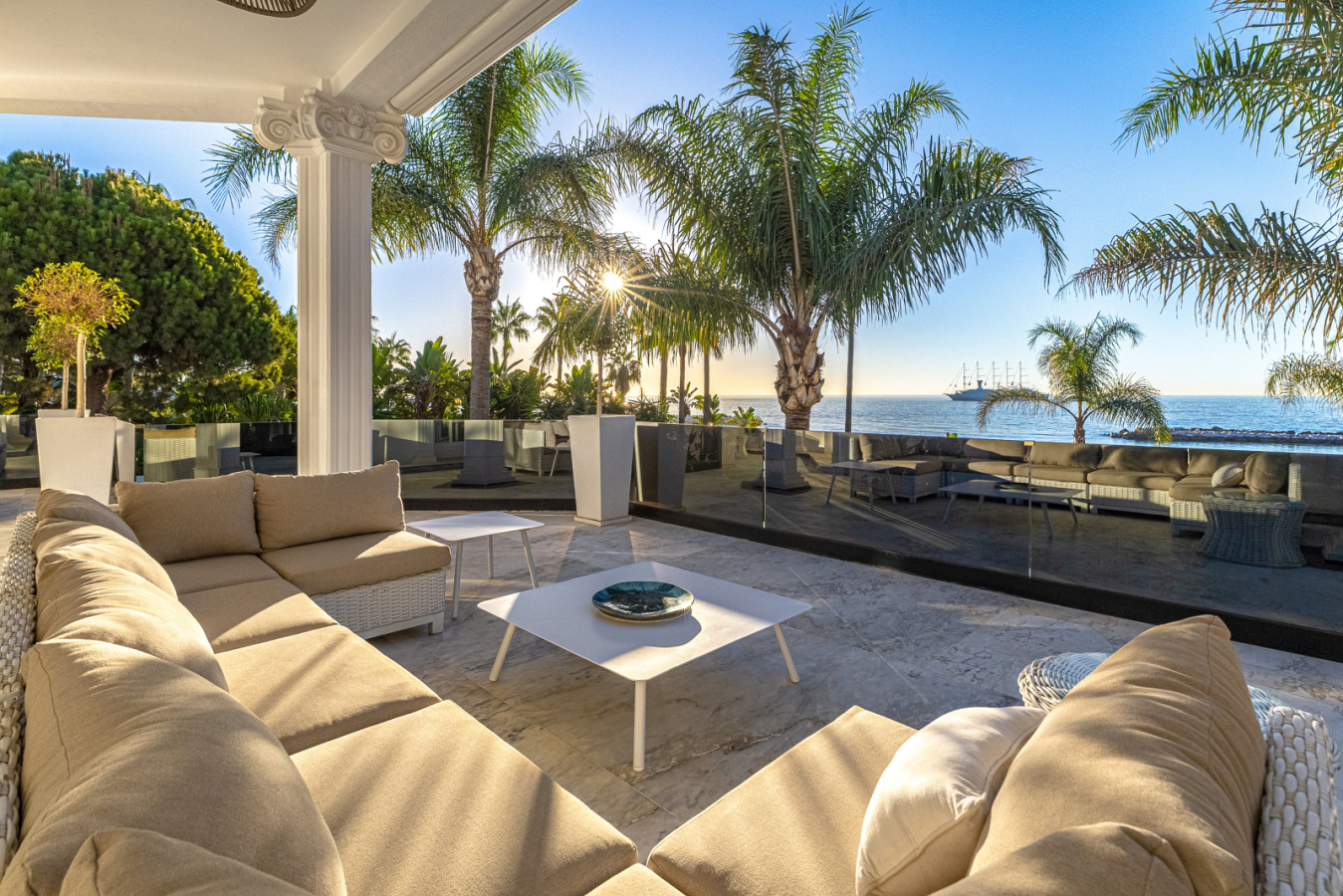 Master bedroom terrace with sea, pool, and garden views