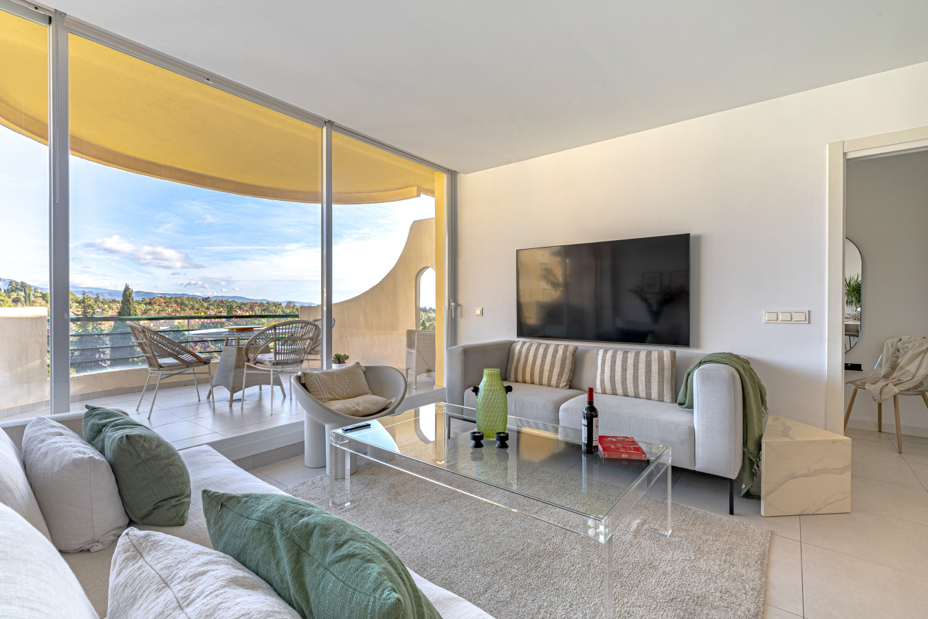 Living room, central seating area, Smart TV, sea views