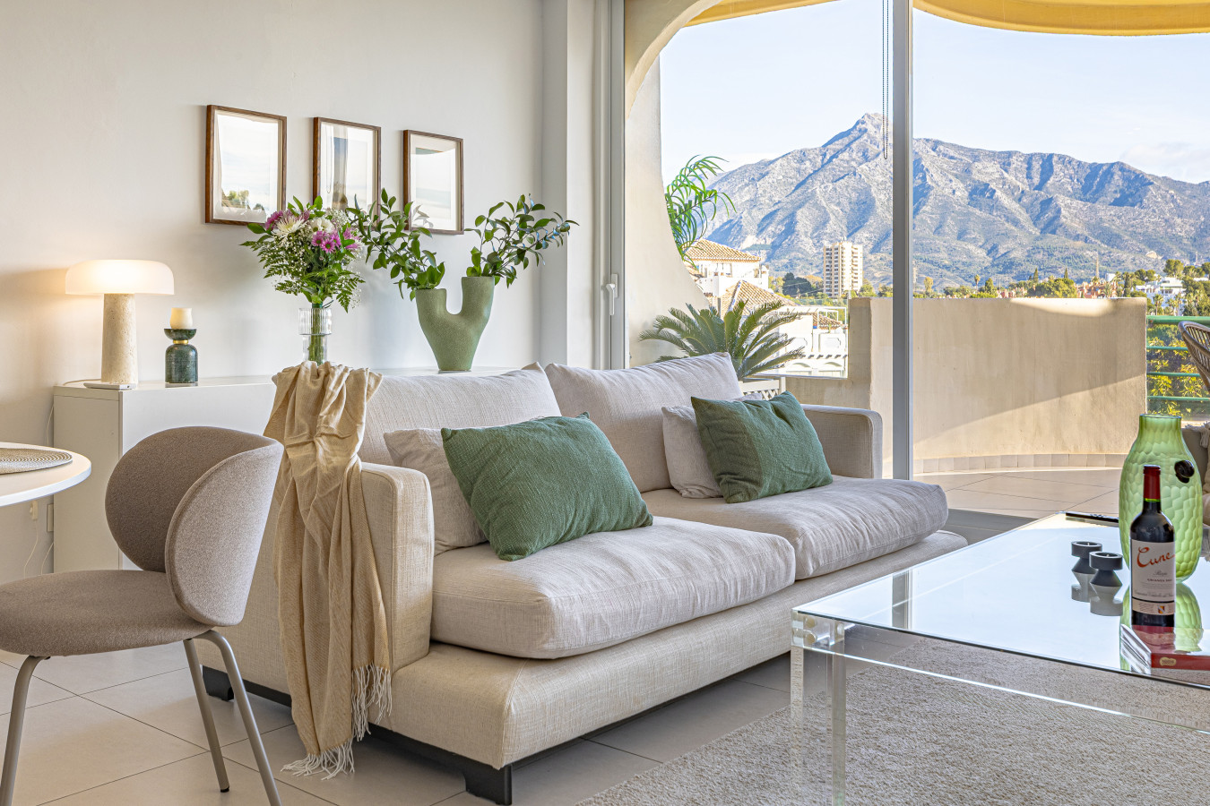 Living room seating area and panoramic La Concha mountain views