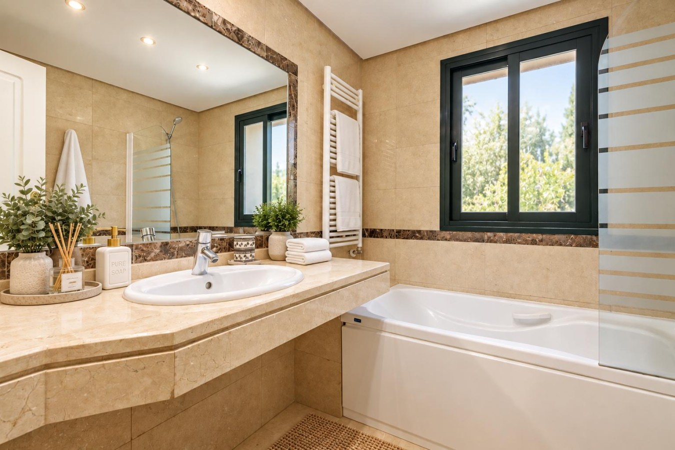 Family bathroom with bath, marble vanity, and heated towel rail