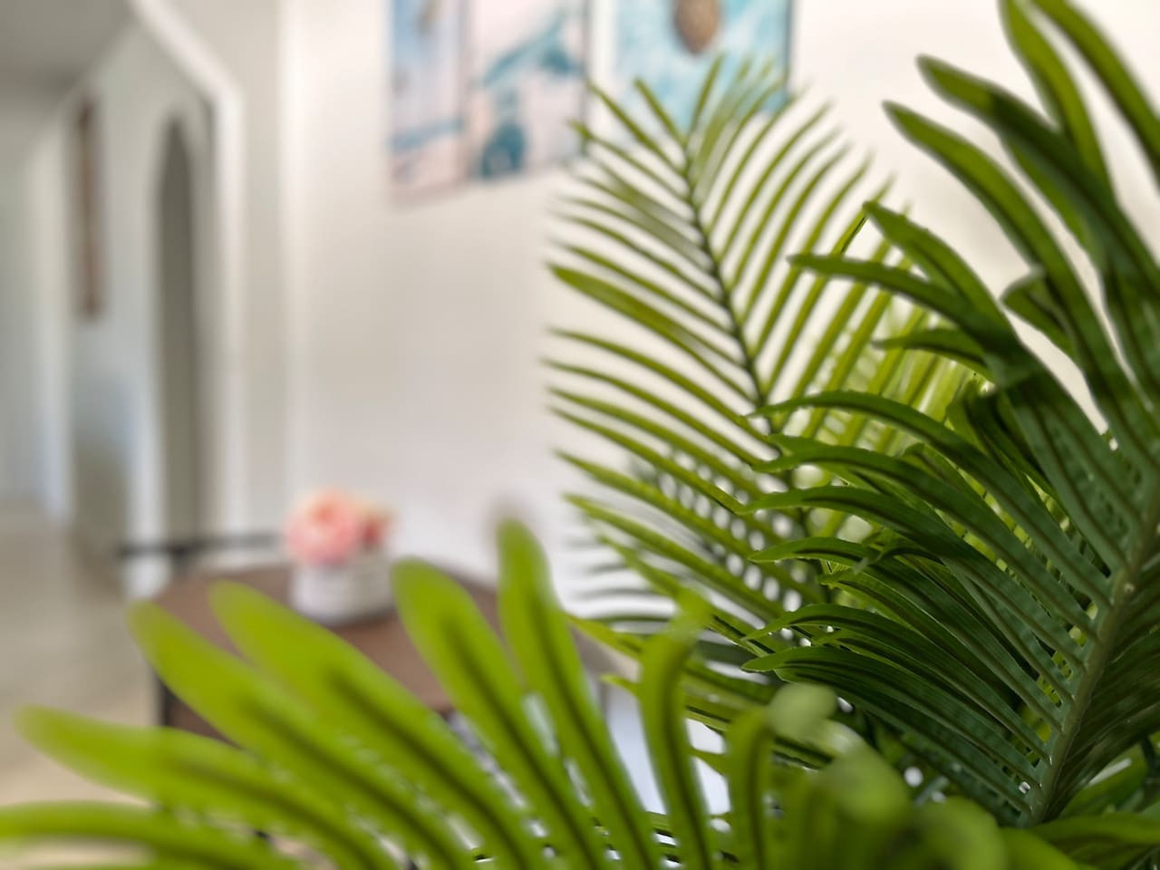 A potted palm fills the corner of the small dining nook, next to the two-seat table.