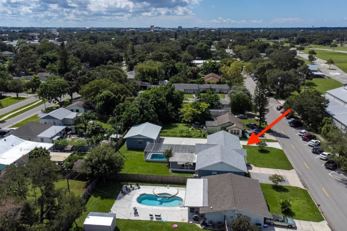 Looking straight down at the house from above, showing the layout of the lot.