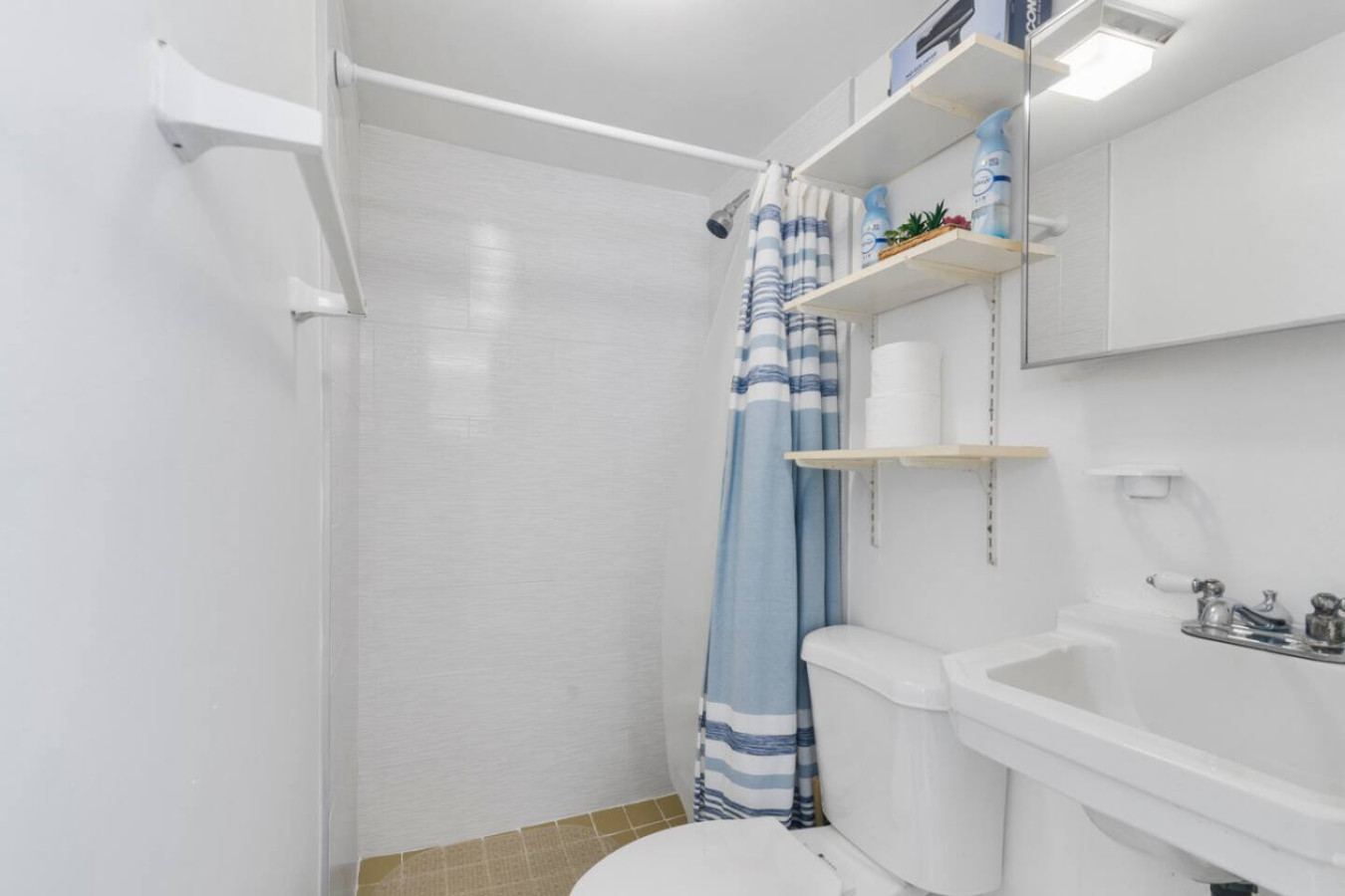 The guest house bathroom, with a shower, toilet, and pedestal sink.