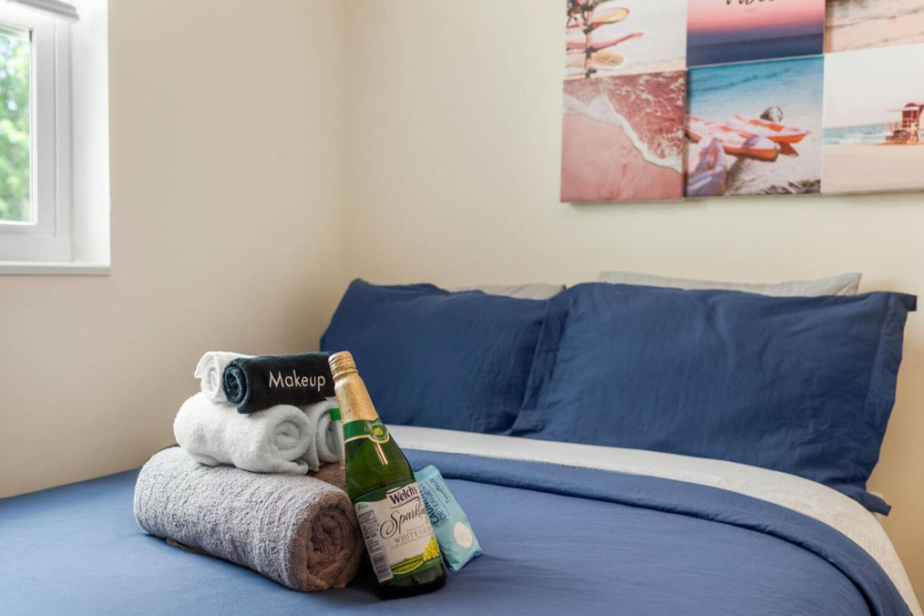 The complimentary bottle of sparkling juice, left as a welcome gift for the guest in this room.