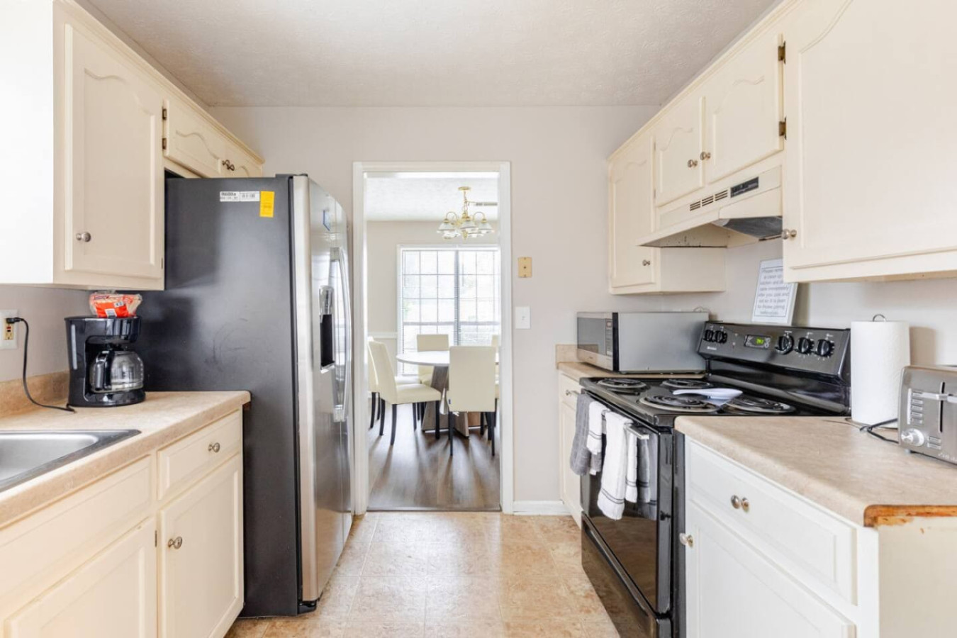 A fully stocked kitchen for cooking together instead of eating out every night, with a coffee maker for early mornings.