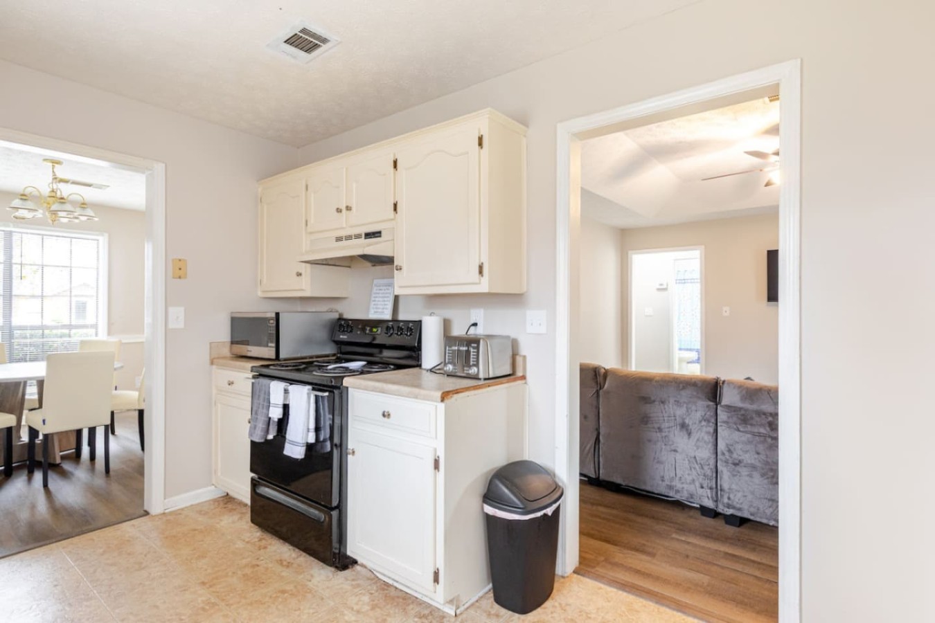 The kitchen opens into the dining area and living room, one connected space from stove to sofa.