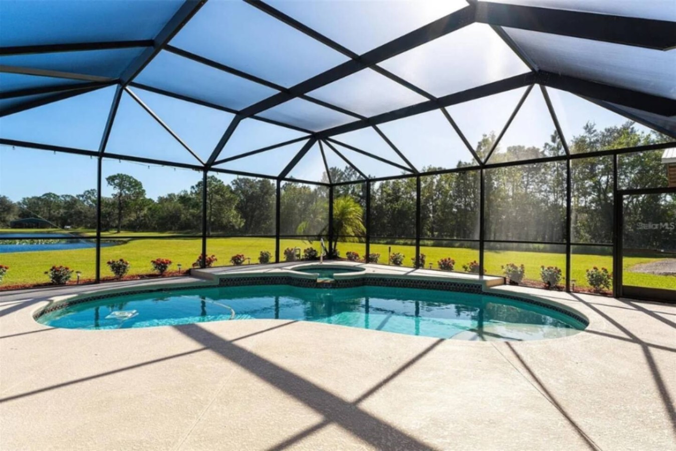 The full pool, in one frame, screened, shaded on one side, and big enough that a group of twelve won't be waiting their turn.