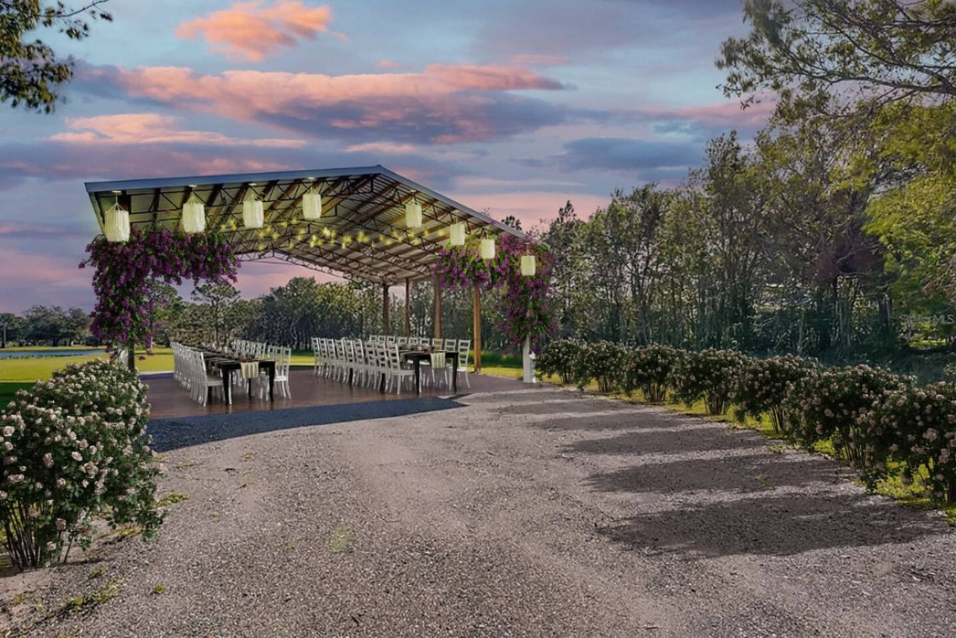 The RV port doubles as a covered outdoor gathering space, big enough for a retreat group's full-house meal or meeting.