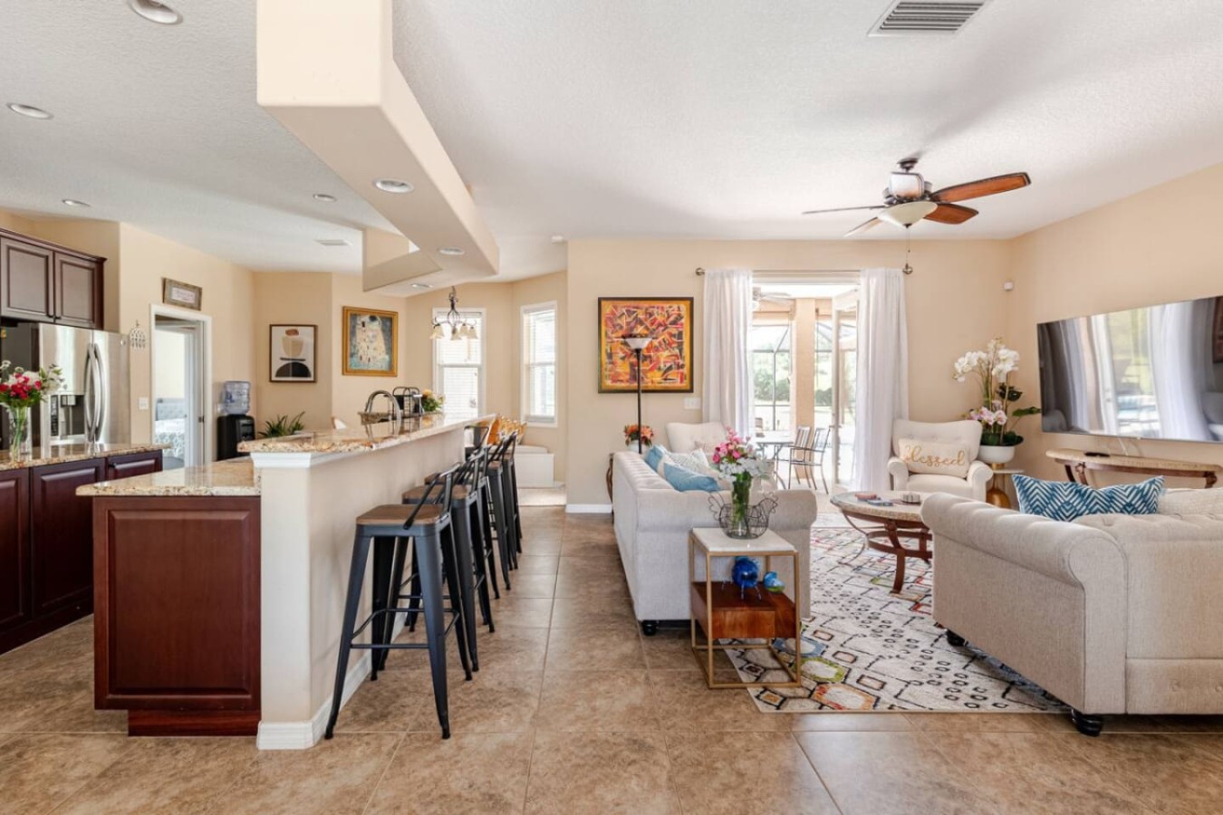 Open to the living area, keeping whoever's cooking part of the conversation.