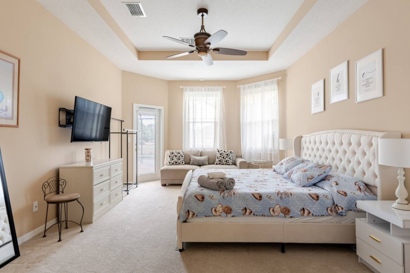 Furnished for an extended stay rather than a single overnight, one of four bedrooms in the house.