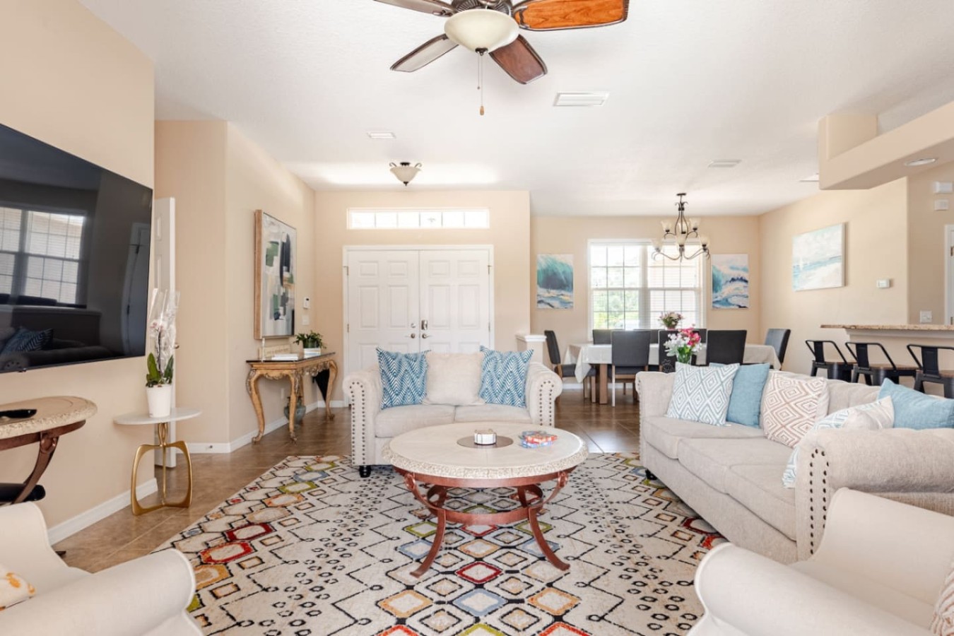Living, kitchen, and dining flow into one open space, no need to shout from room to room to stay part of the group.