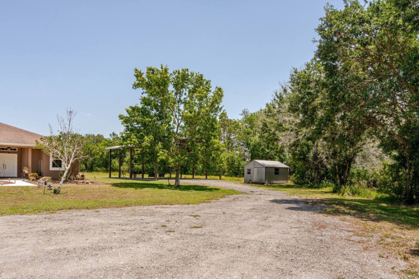 A side yard with a storage shed, practical space tucked away from the main gathering areas.