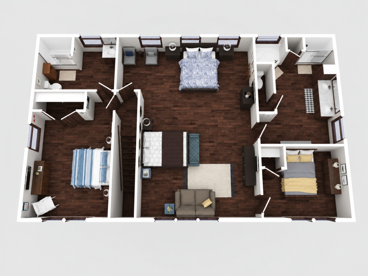 Upper Level Floor Plan – Features the spacious primary suite, a king bedroom, and a full bedroom. This level offers a quieter retreat, making it ideal for parents, grandparents, or guests looking for a little extra privacy.