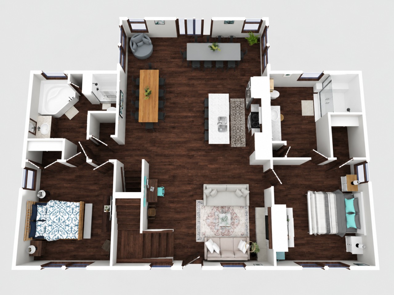 Main Level Floor Plan – The heart of the home, featuring the open-concept kitchen, dining area, and living room, along with two king bedrooms and two full bathrooms. Ideal for gathering, dining, and spending time together.