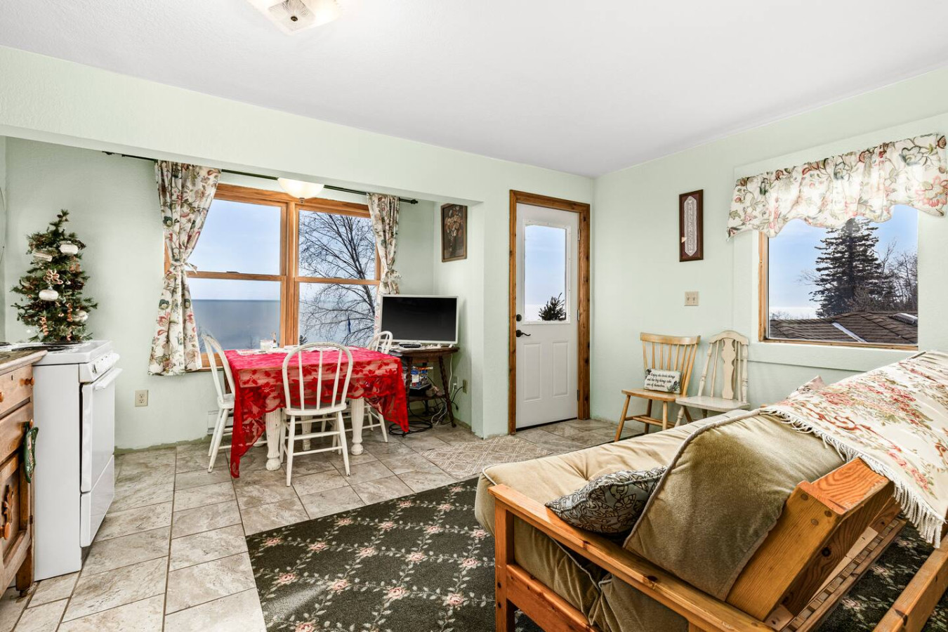 Dining area overlooks the gardens and lake