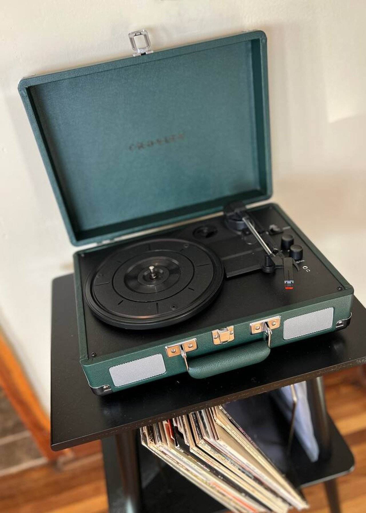 A sleek modern record player adding a nostalgic touch to the space.