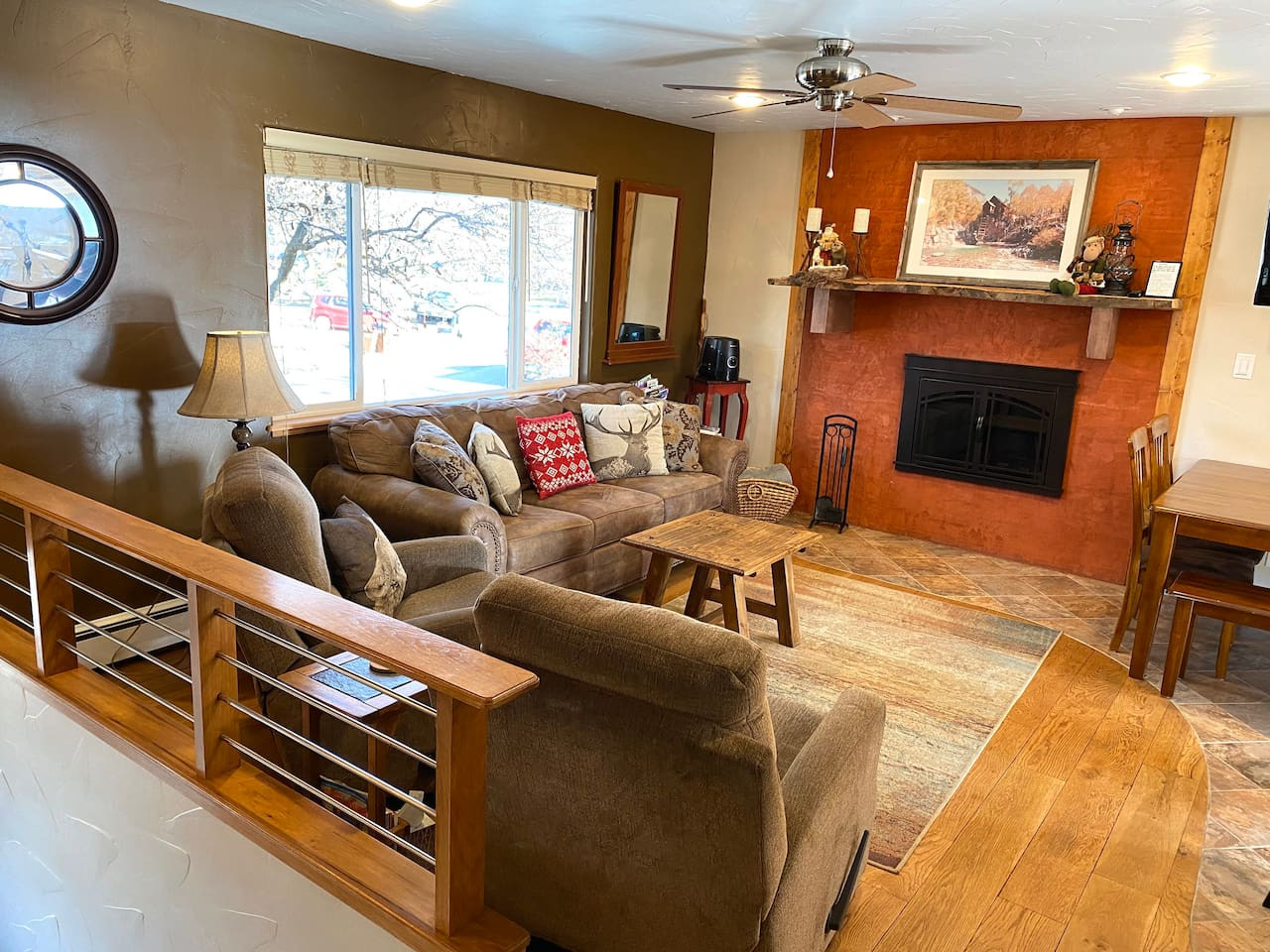Living room with wood burning fireplace
