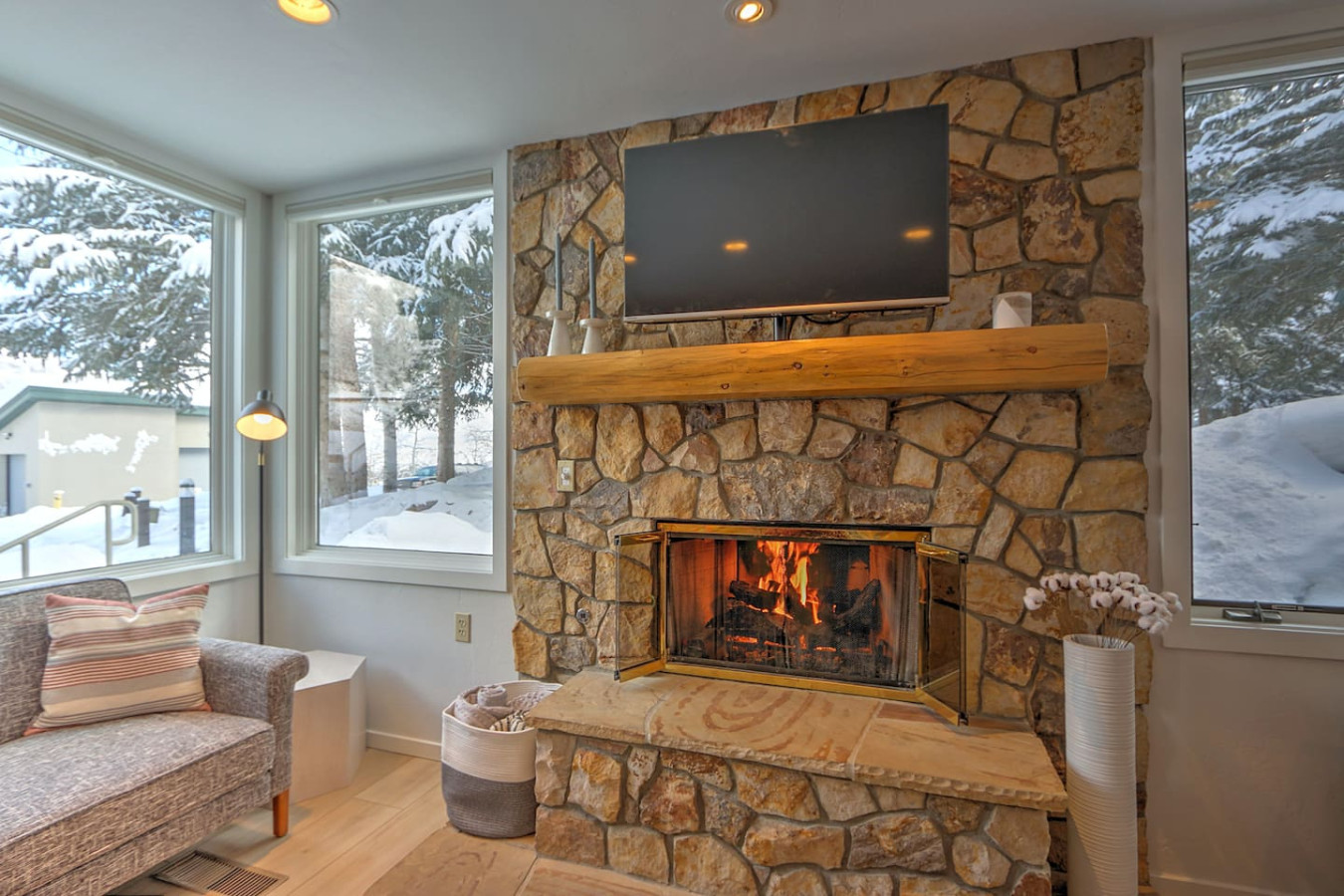 Comfortable, stylish living room with gas fireplace