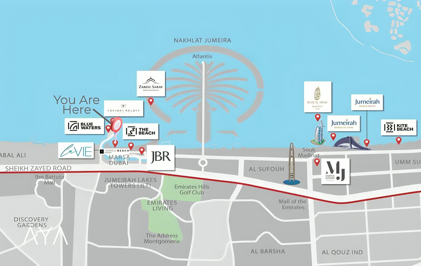 Location Overview: Discover Dubai's hotspots from this prime spot, steps away from the beach!