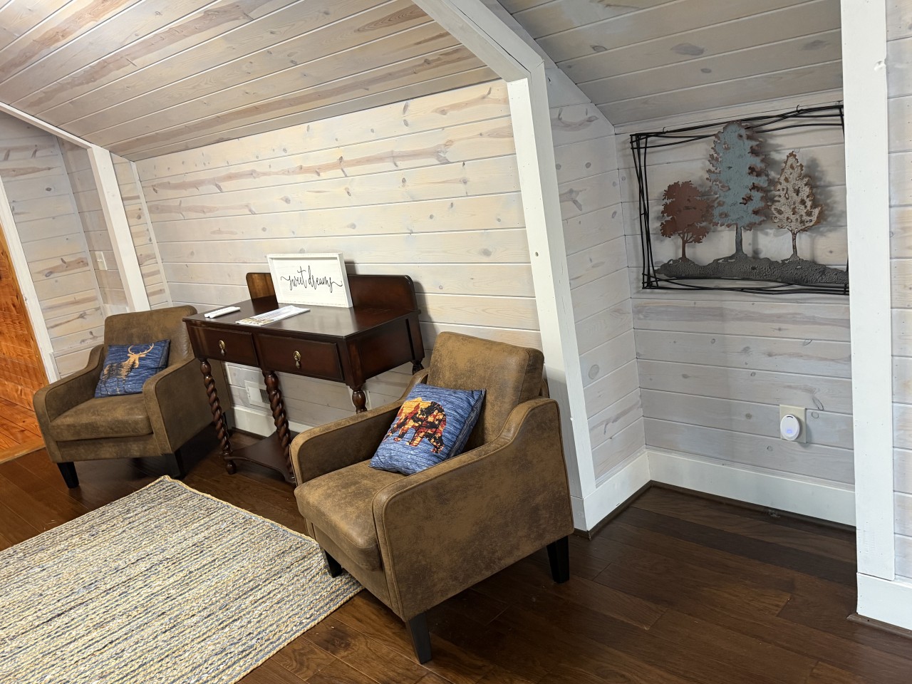 Loft suite sitting area with leather armchairs