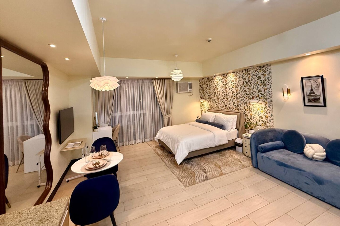 A spacious studio apartment with 2 seaters sofa, a charming balcony, measuring 41 square meters. This place is super cozy, with a comfy bed, soft linens, and pillows that just beckon you to unwind and recharge after a long day!