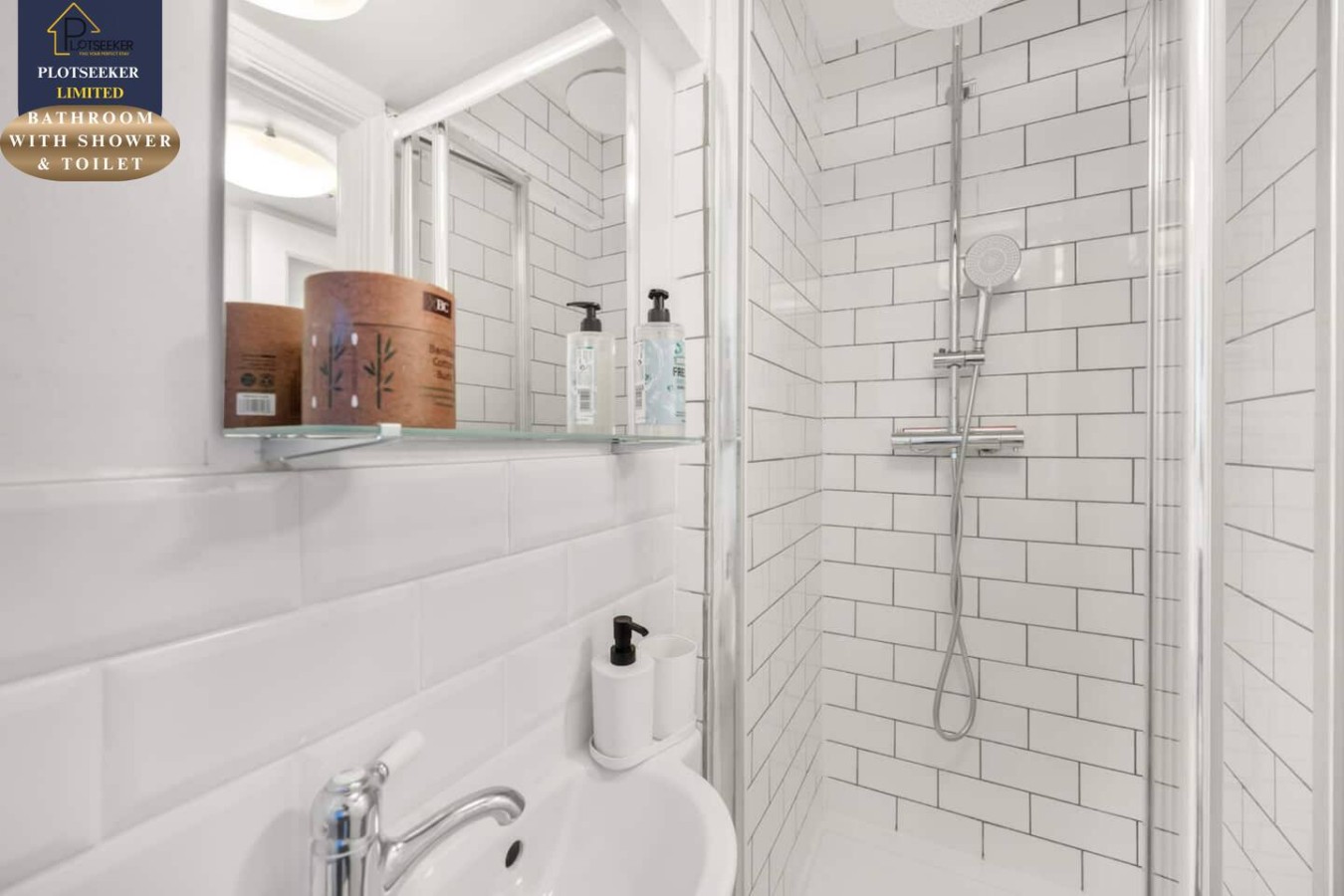 BATHROOM WITH SHOWER, TOILET AND ESSENTIALS