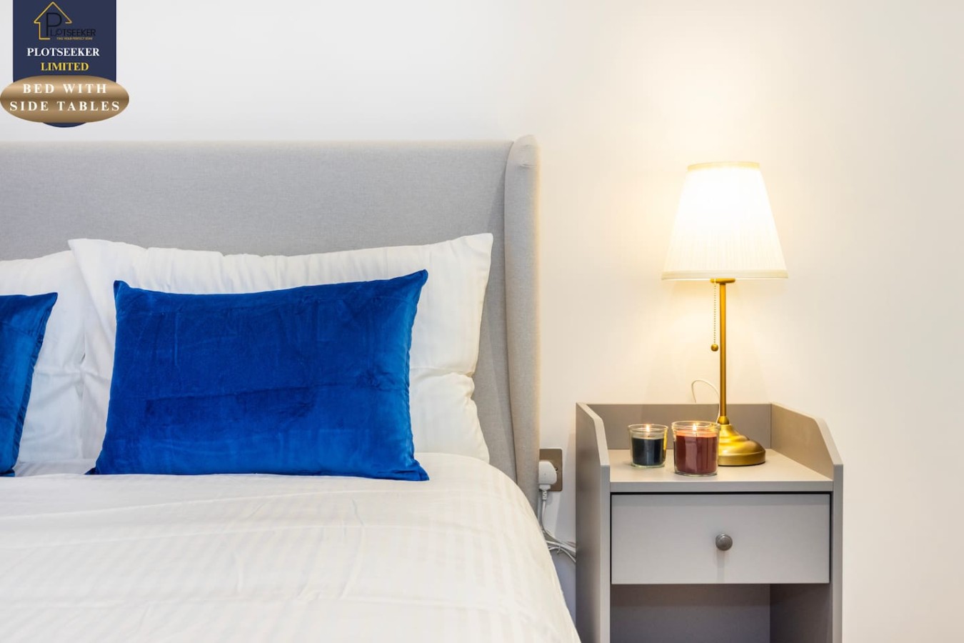 BED WITH SIDE TABLES AND LAMP