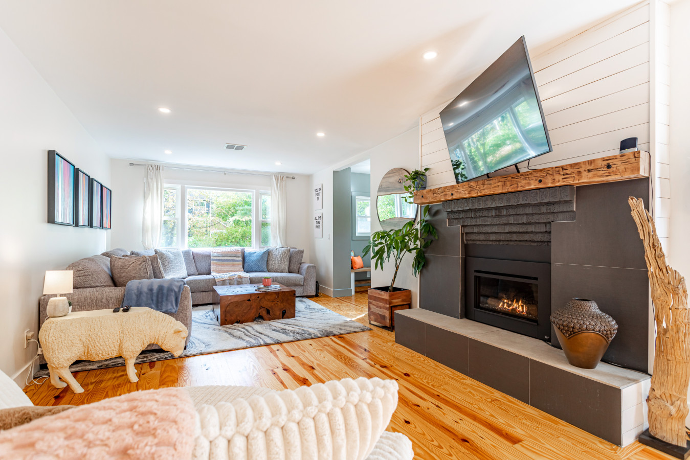 Perfect family room with gas fireplace and TV