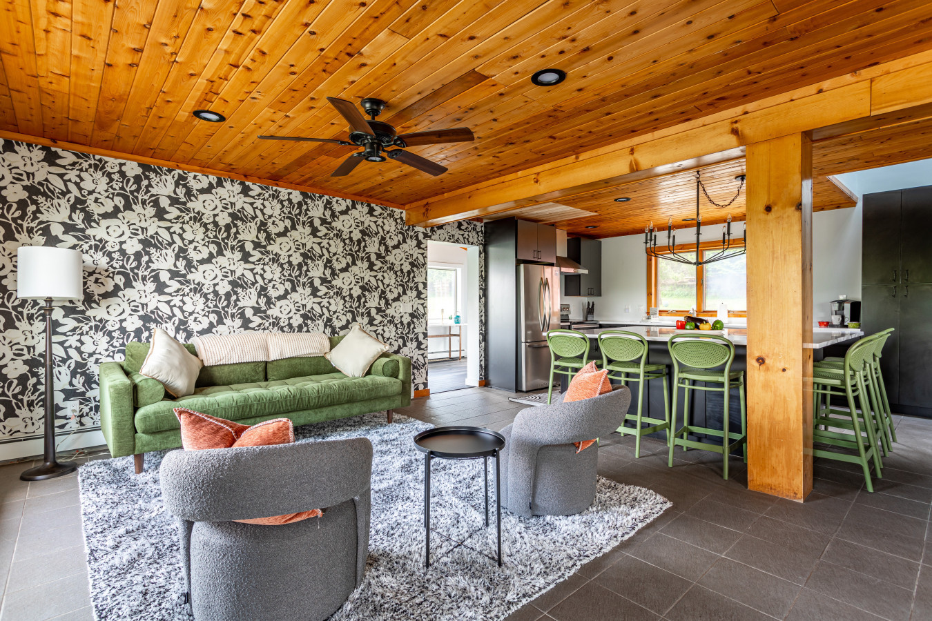 Comfy seating area with ceiling fan