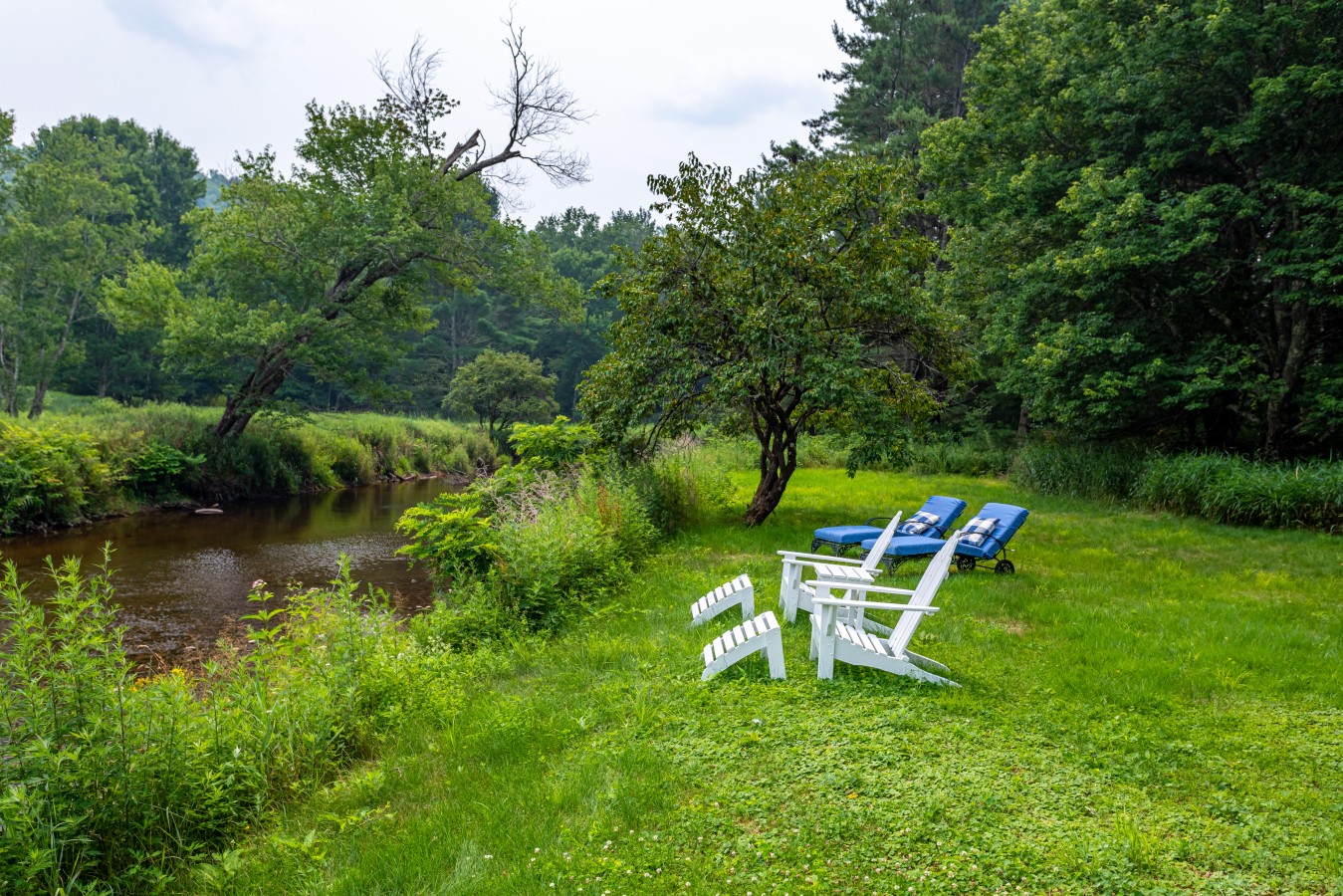 Unwind with Adirondack chairs and lounge seating overlooking the gently flowing river - perfect spot for coffee, reading, or watching wildlife