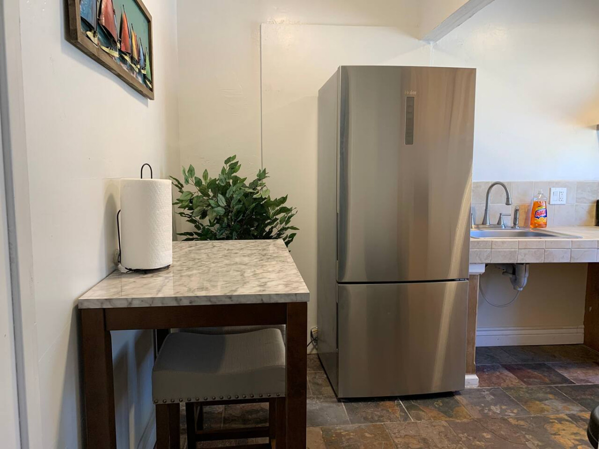View of the kitchen from the living area.