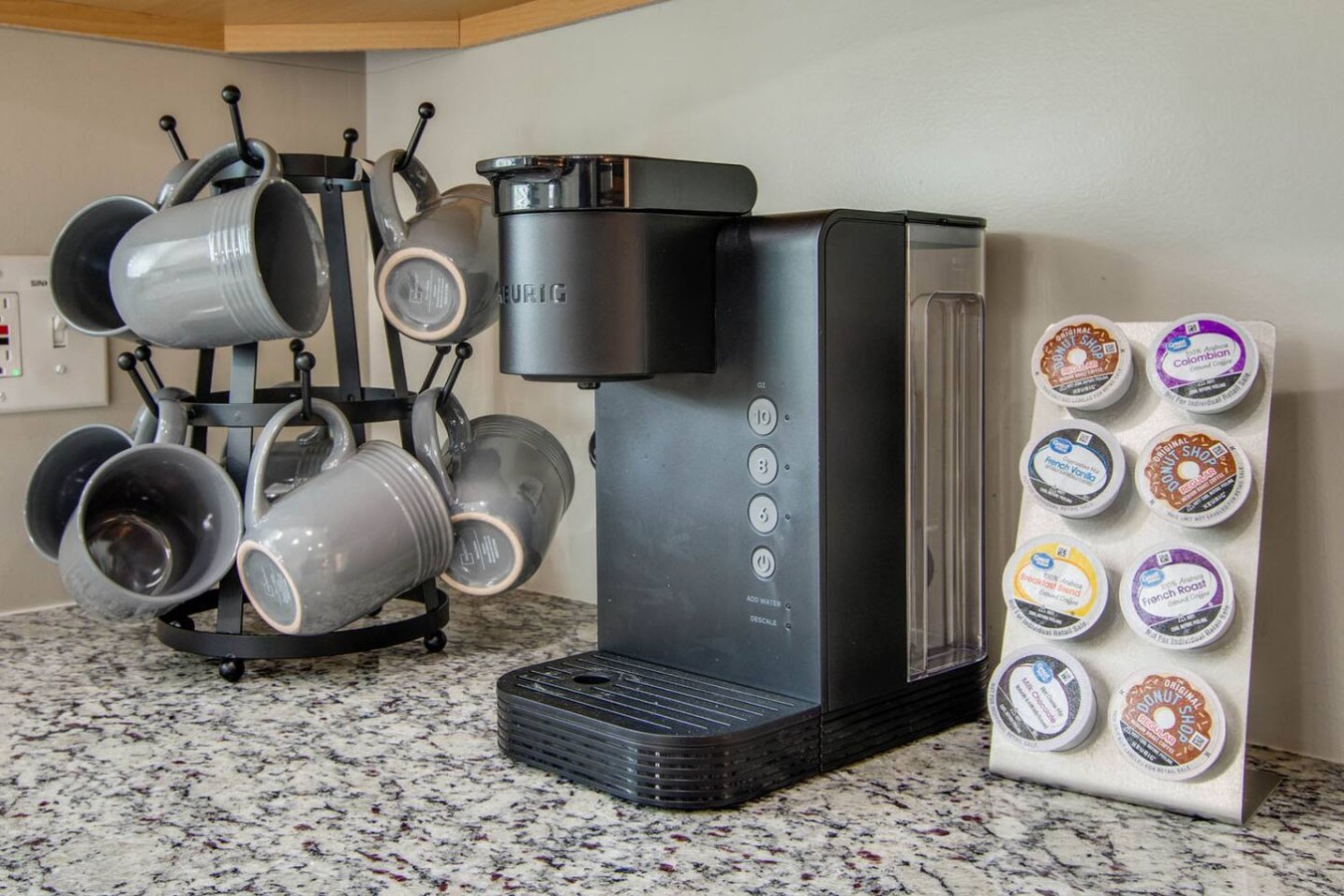 We have a coffee station with both Keurig and drip coffee options. We keep creamers and sweeteners complimetnary stocked as well.