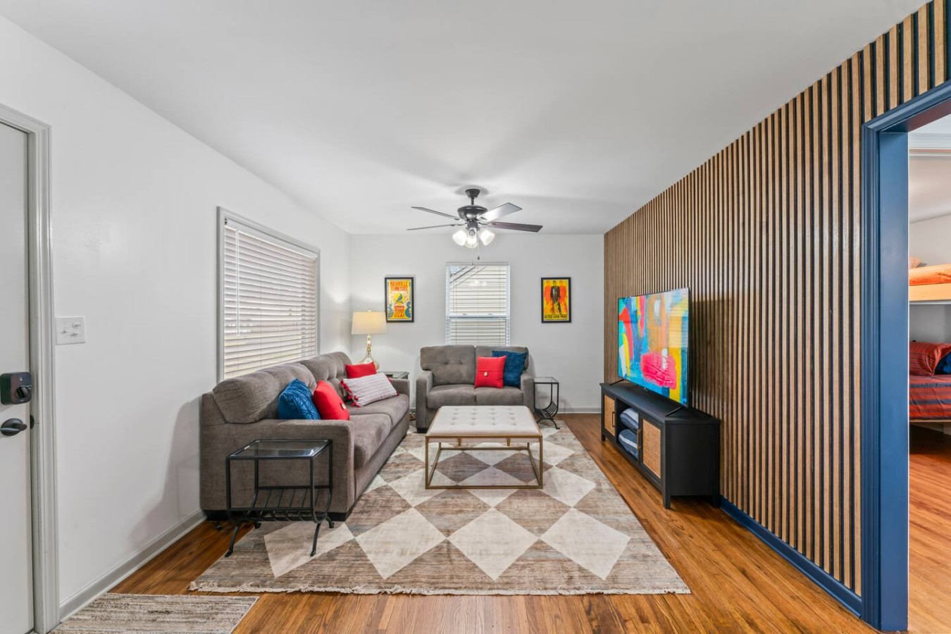 Open floor plan connects living room to bedrooms