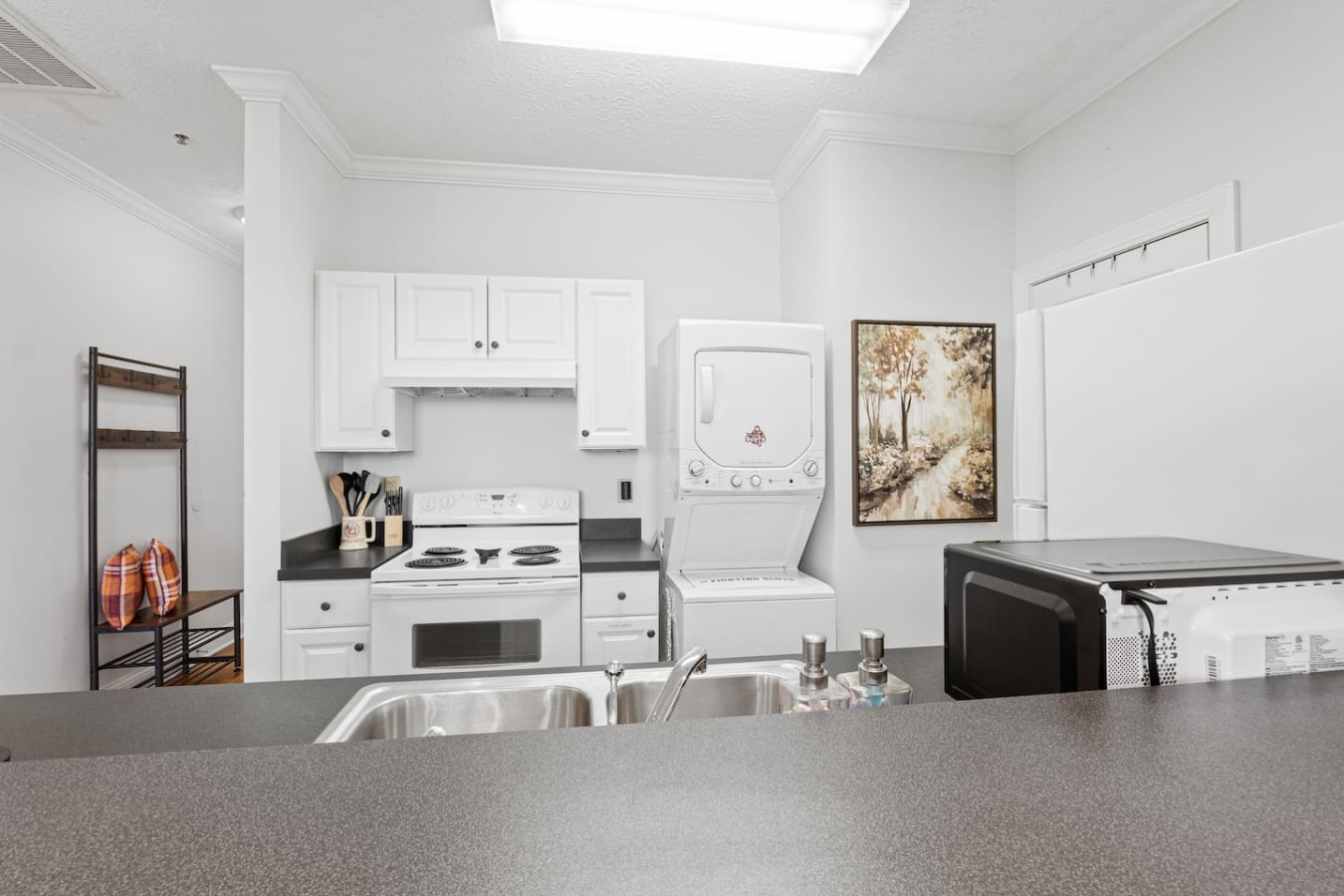 The Scots Suite kitchen is equipped with everything you need for a convenient stay, including a full stove, microwave, and in-unit washer and dryer. Whether you're staying for a few days or an extended visit, this space is designed for comfort and ea