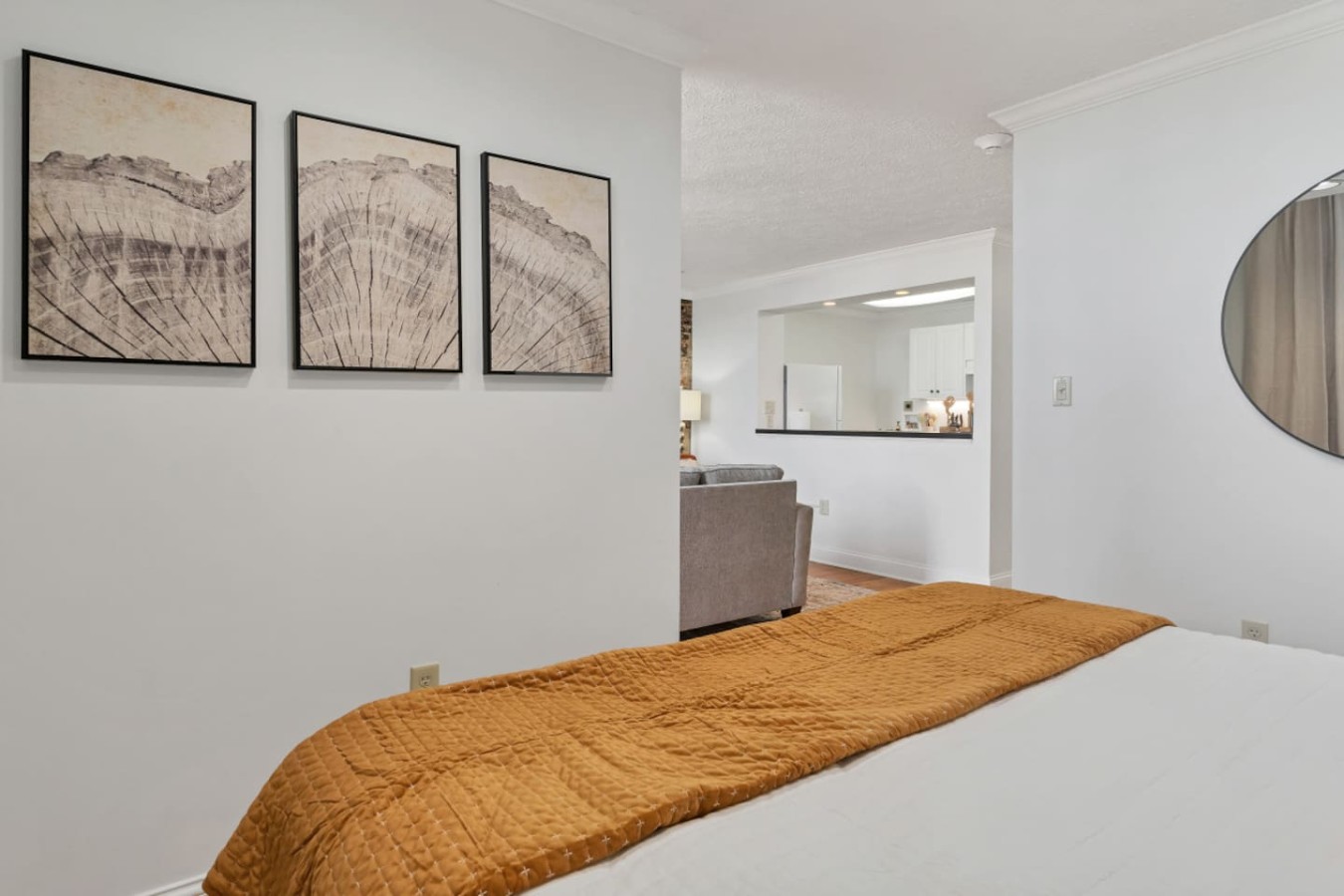 Wake up in a plush king bed with a stylish modern design. The open layout flows seamlessly into the living area, offering comfort and convenience in this downtown Maryville retreat.
