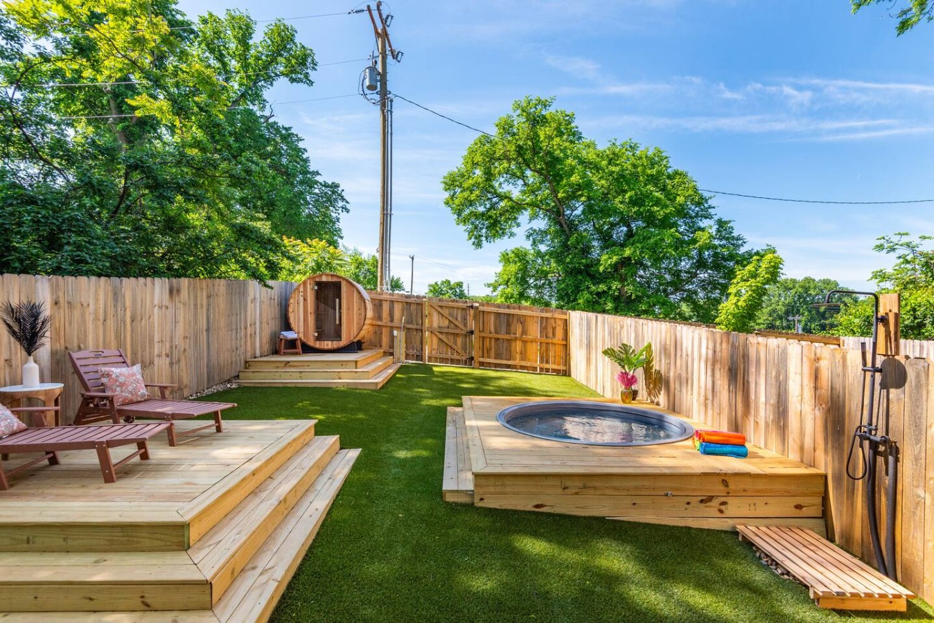 Unwind in your private oasis—featuring a cedar sauna, cowboy plunge pool, outdoor shower, and turf-lined lounge space. The perfect mix of wellness, fun, and Nashville charm right in your backyard.