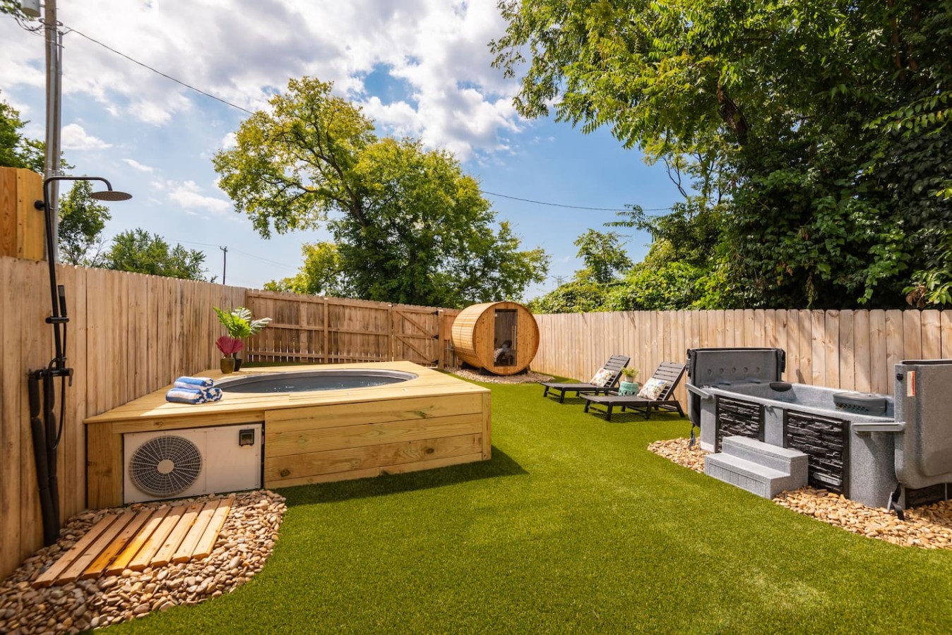 Turf backyard with the follow amenities:
Cowboy Pool (heated and cooled)
Hot Tub
Sauna
Outdoor Shower