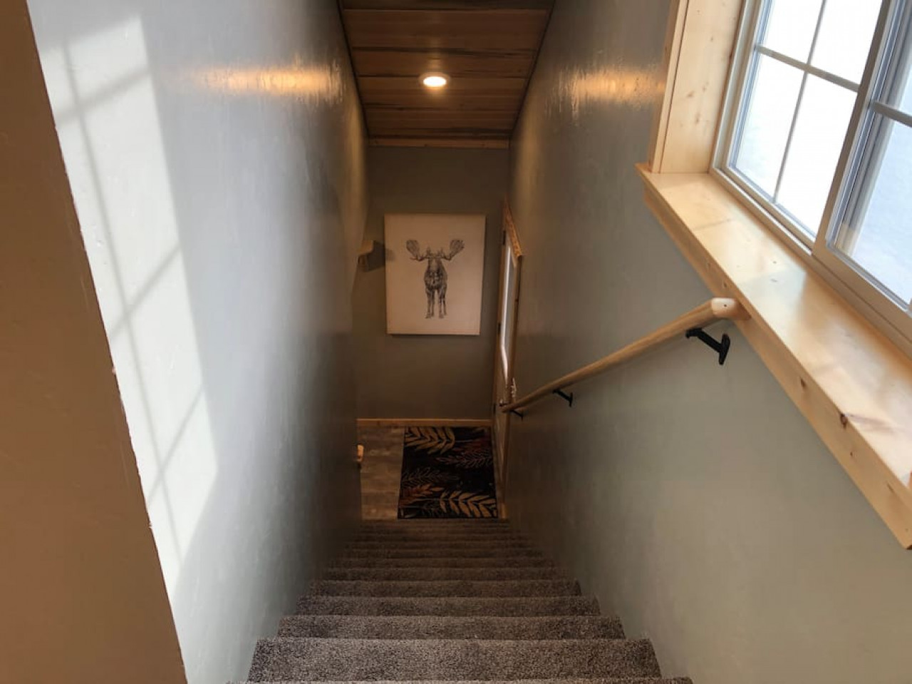 Stairway from entrance to upstairs where everything is located