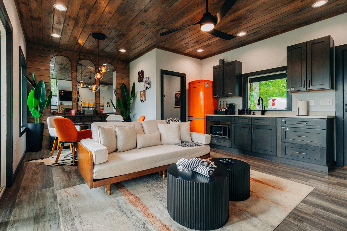 The Onyx living room and kitchen, staged and ready for the next guests