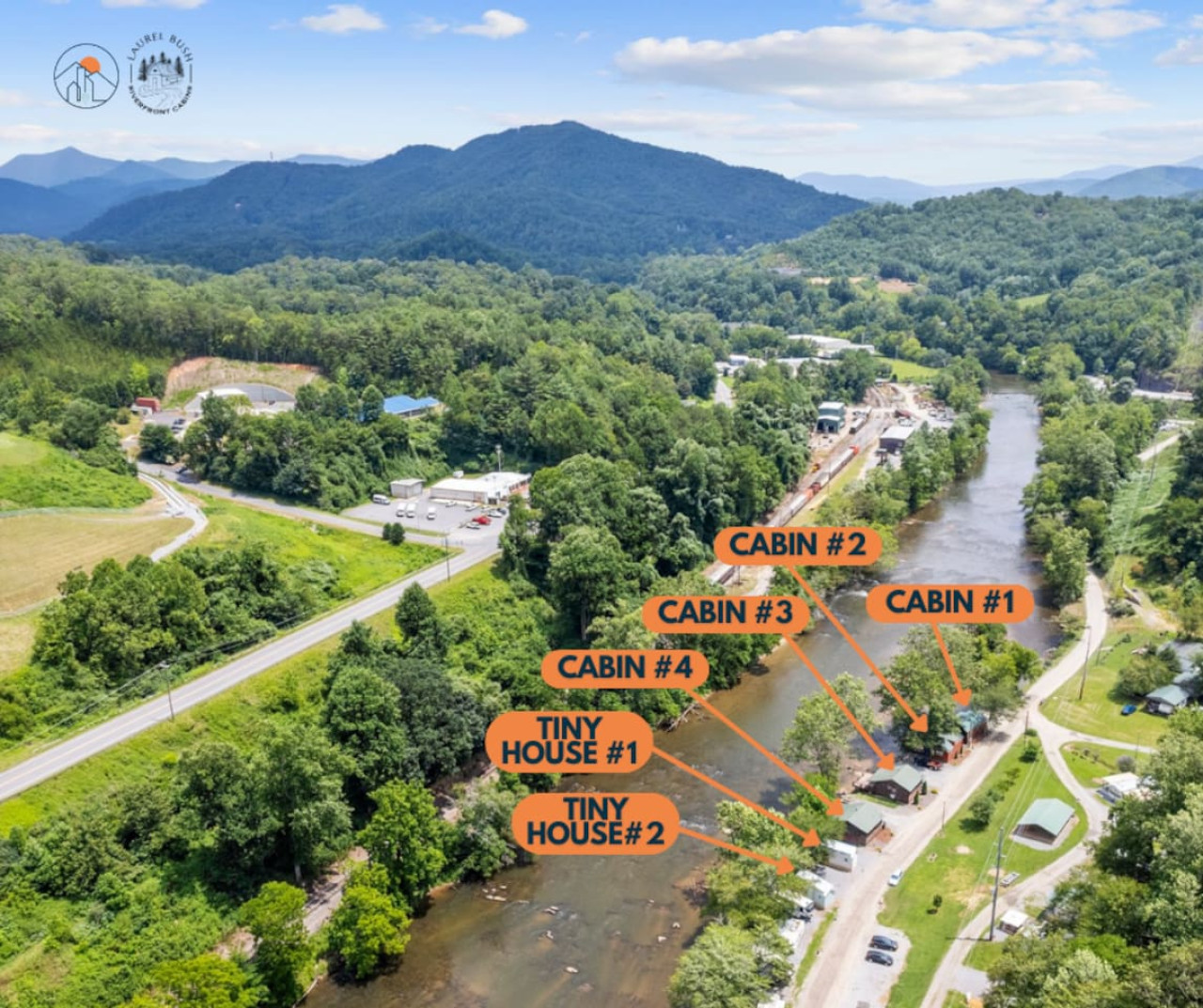 Aerial view of our 6 riverfront properties nestled into so much natural beauty