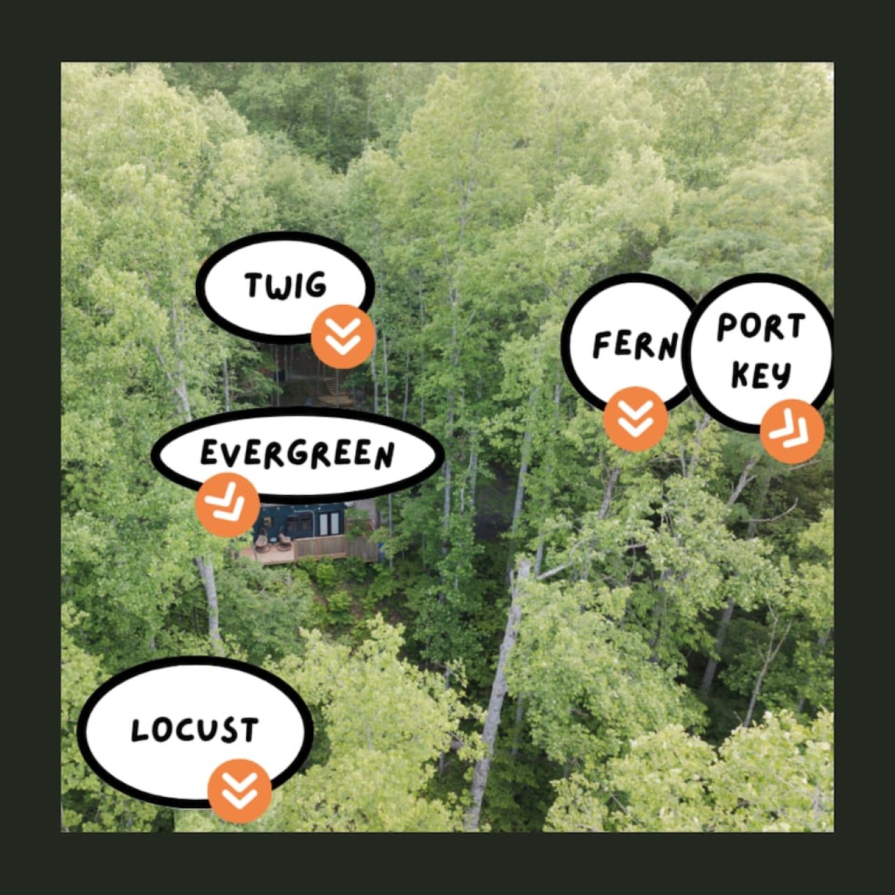 Aerial view of the 5 tiny houses! Reach out with any questions.