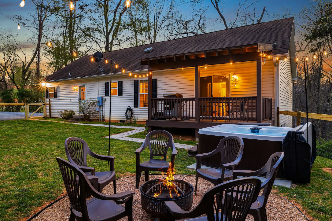 Gather around the fire pit and relax in the hot tub under the stars