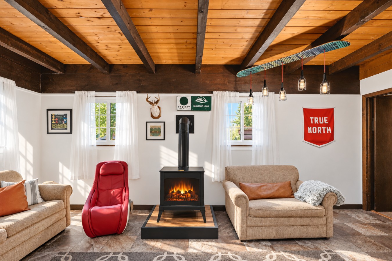 Chalet Getaway: Lower living room and stove