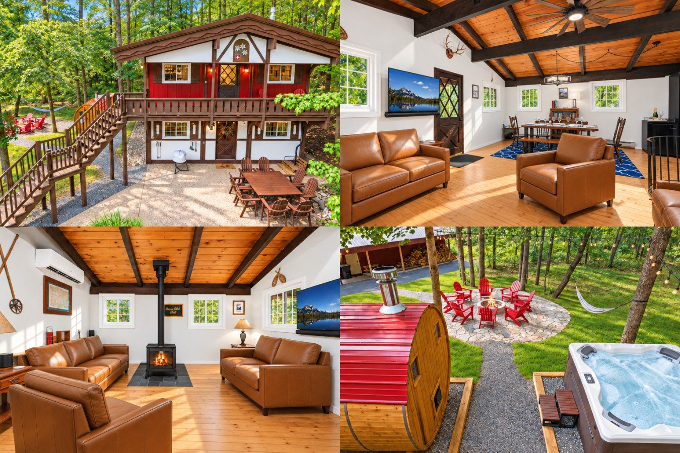 Chalet Getaway: Four-panel chalet, living rooms and outdoor amenities collage
