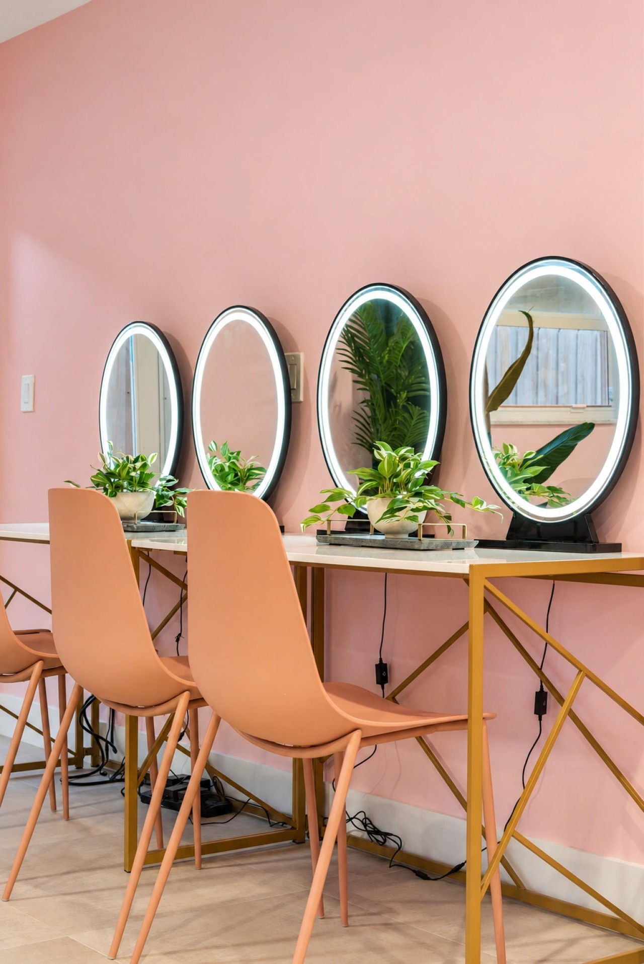 Pink get-ready room with mirrored styling stations
