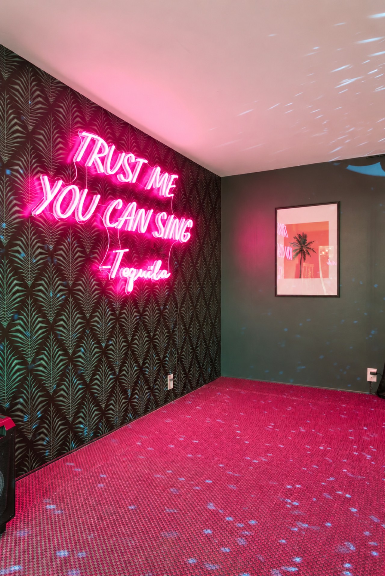 Karaoke room with disco balls and neon lighting