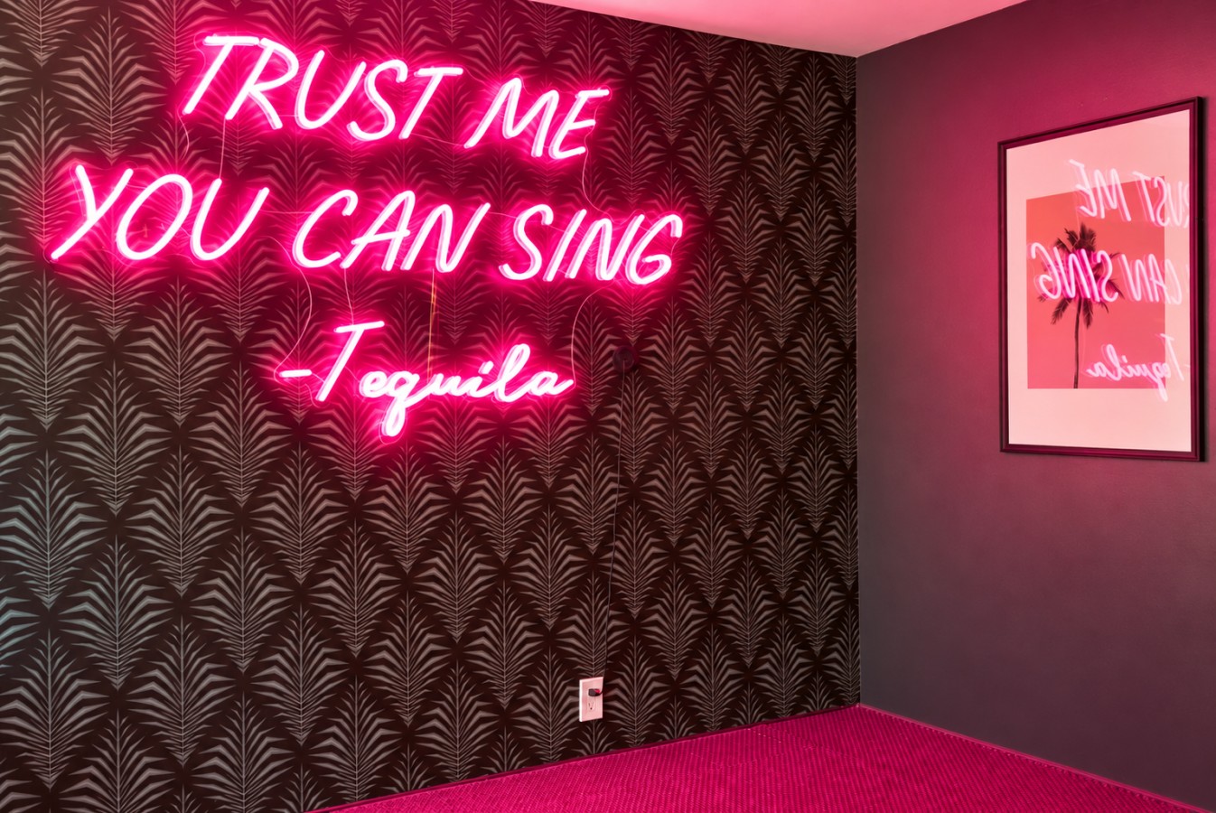 Karaoke room with disco balls and neon lighting