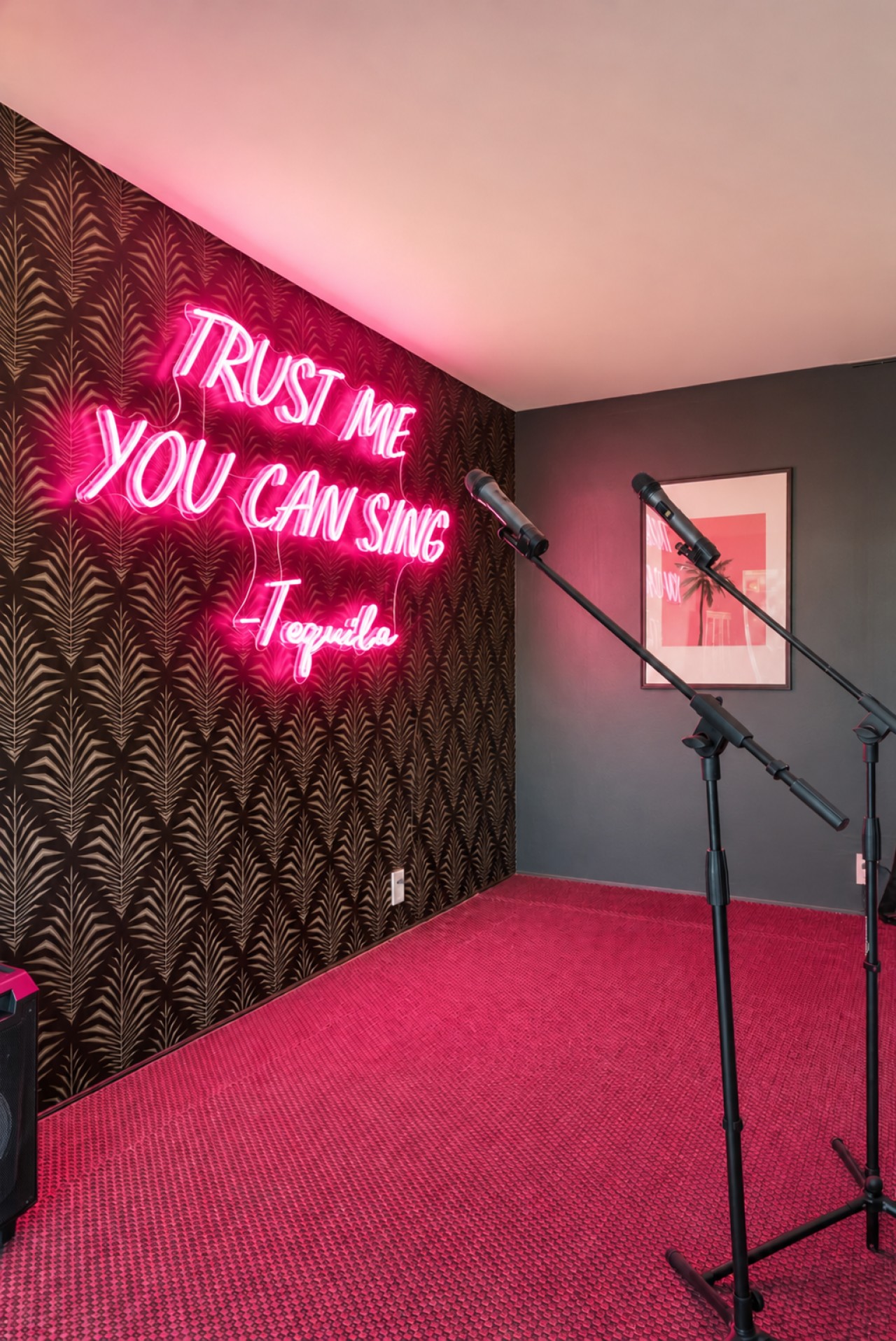 Karaoke room with disco balls and neon lighting