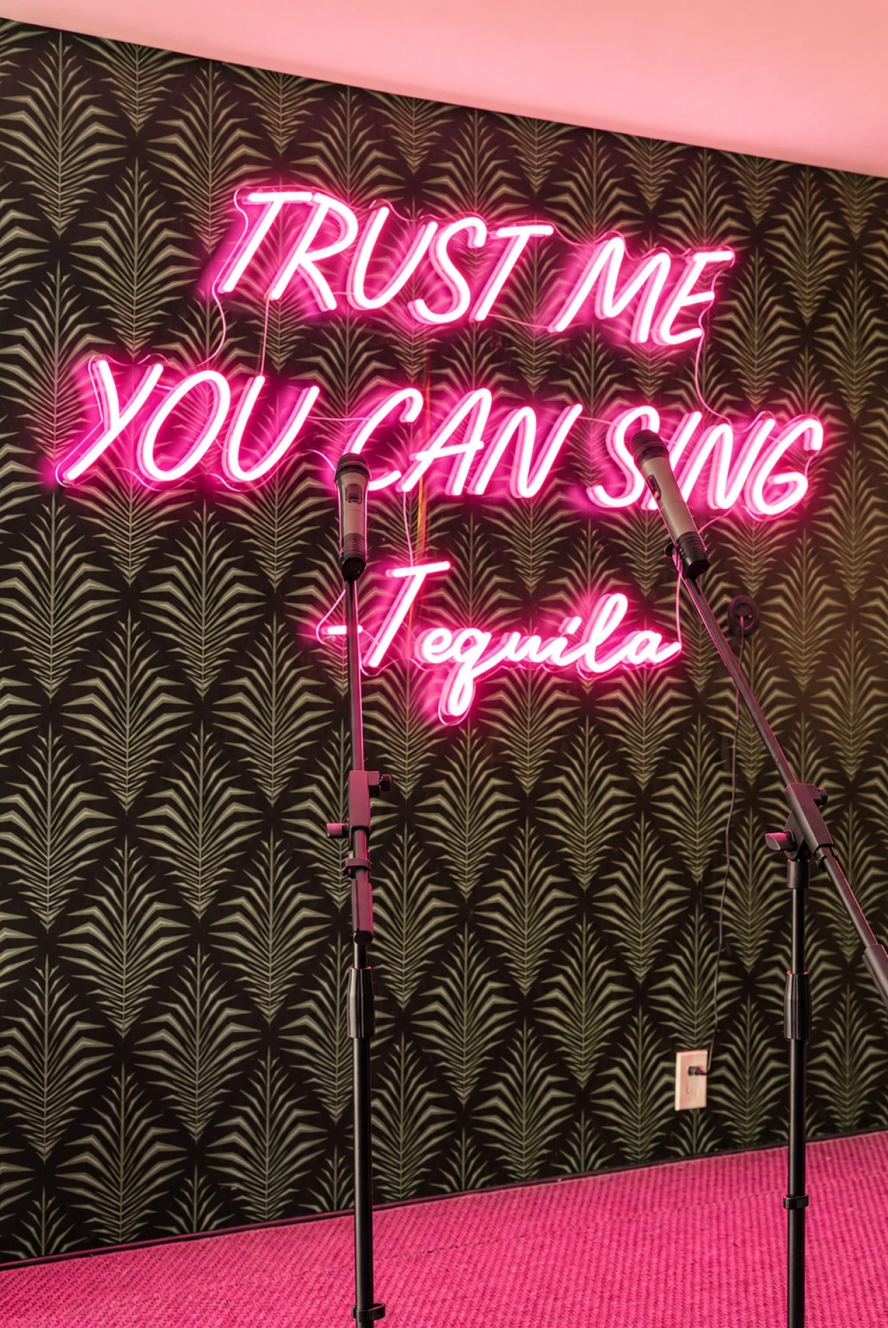 Karaoke room with disco balls and neon lighting